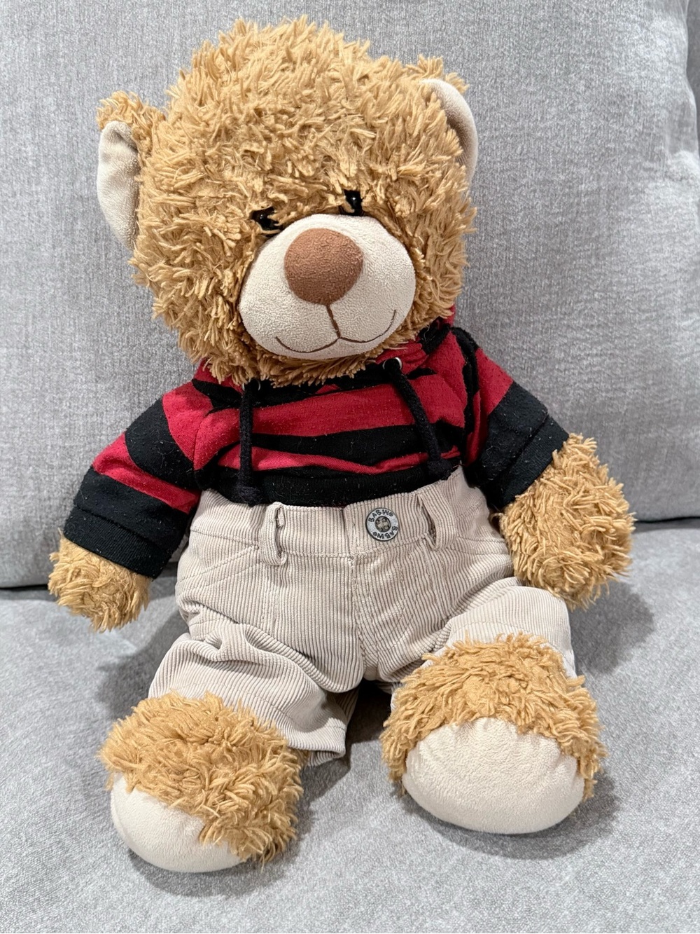 Build-A-Bear Tan Shaggy Teddy Bear Red Black Striped Hoodie Corduroy Pants